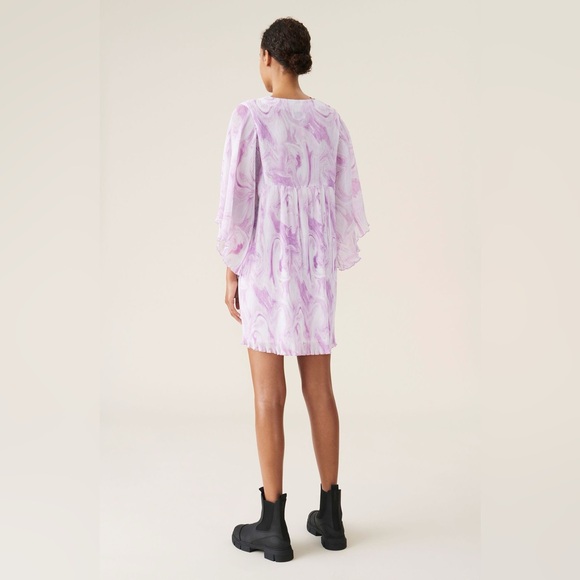 Ganni Orchid Bloom Pleated Georgette Oversized Mini Dress Designer XXS / XS - Picture 3 of 16
